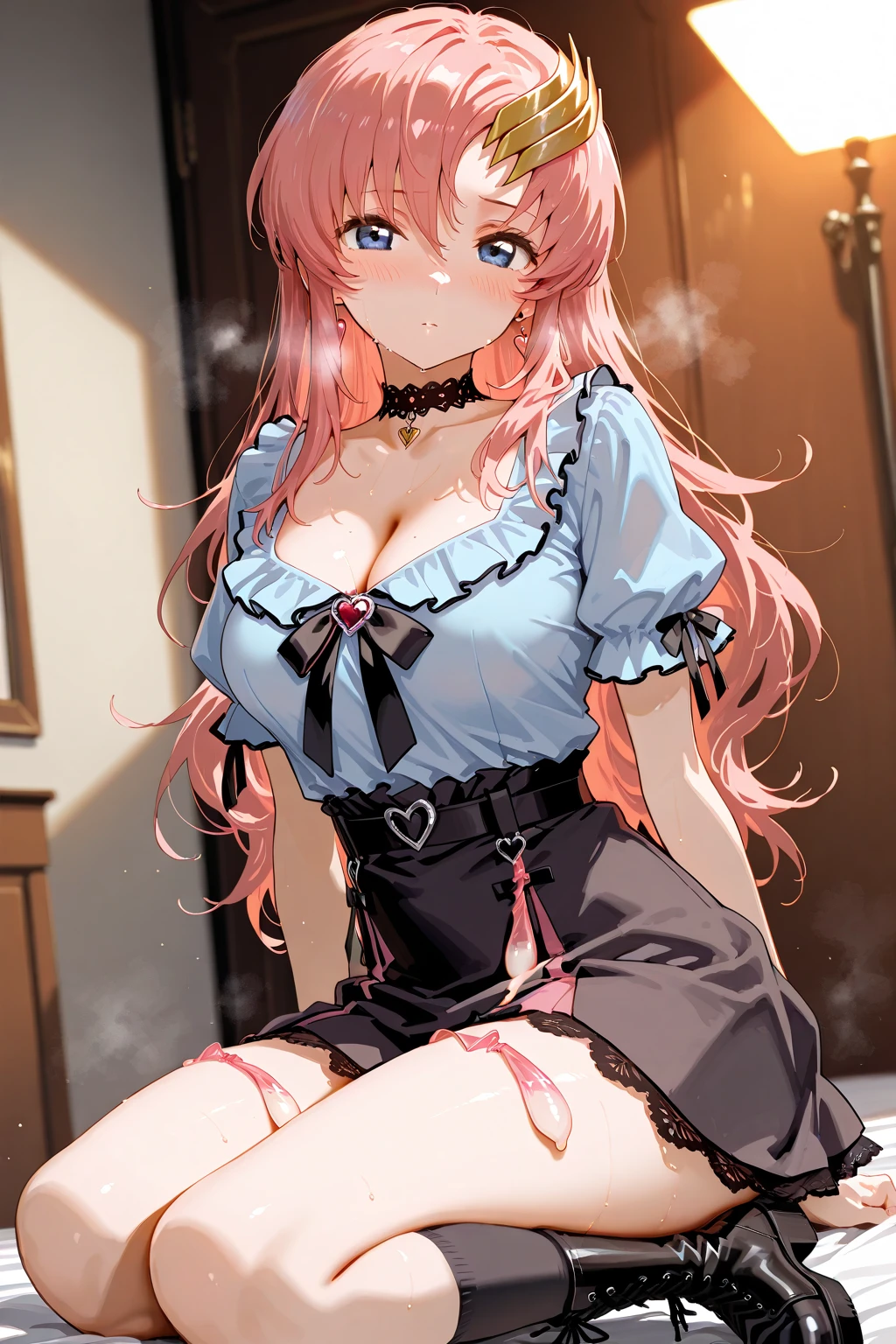 (masterpiece, best quality:1.3), (very detailed:1.2), (raw photo:1.2), RAW color photos with high detail, professional photography, (pink hair:1.5), professional lighting, complete anatomy, (big bust:1.2), (blush, detailed face), (happy smile:1.7), sexy, erotic sexy, Random sexy gravure pose, (white t shirt, short skirt, garter belt, The background is the living room., Slightly lowering the shoulders to reveal them、posture lying on the sofa。:1.3)