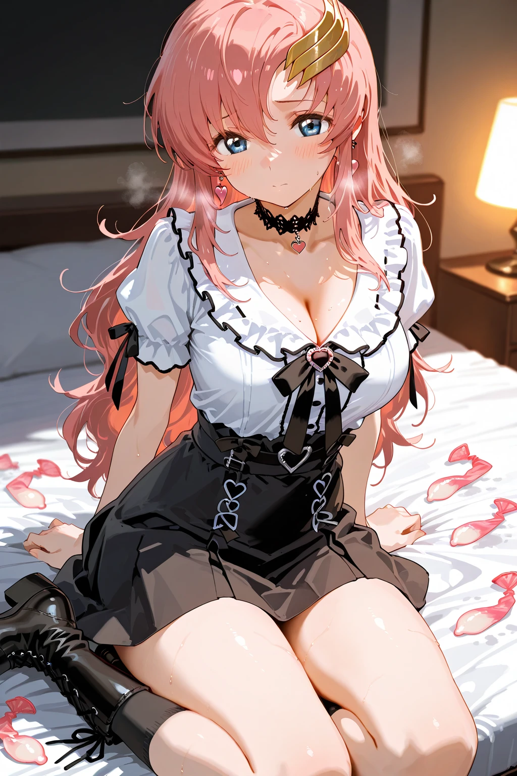 Highest quality, masterpiece, 4K, Highly detailed face, Highly detailed skin, Highly detailed wallpaper, Japanese anime, Second Dimension, Small face, Big Breasts, Normal body, Accurate body, Fine skin, Very beautiful cleavage, NSFW, whole body, One girl, A face that makes you want to have sex, On the bed, Sweaty, Cosplay, , mini skirt, Lying on your back, Lift up your skirt yourself, Spread your legs