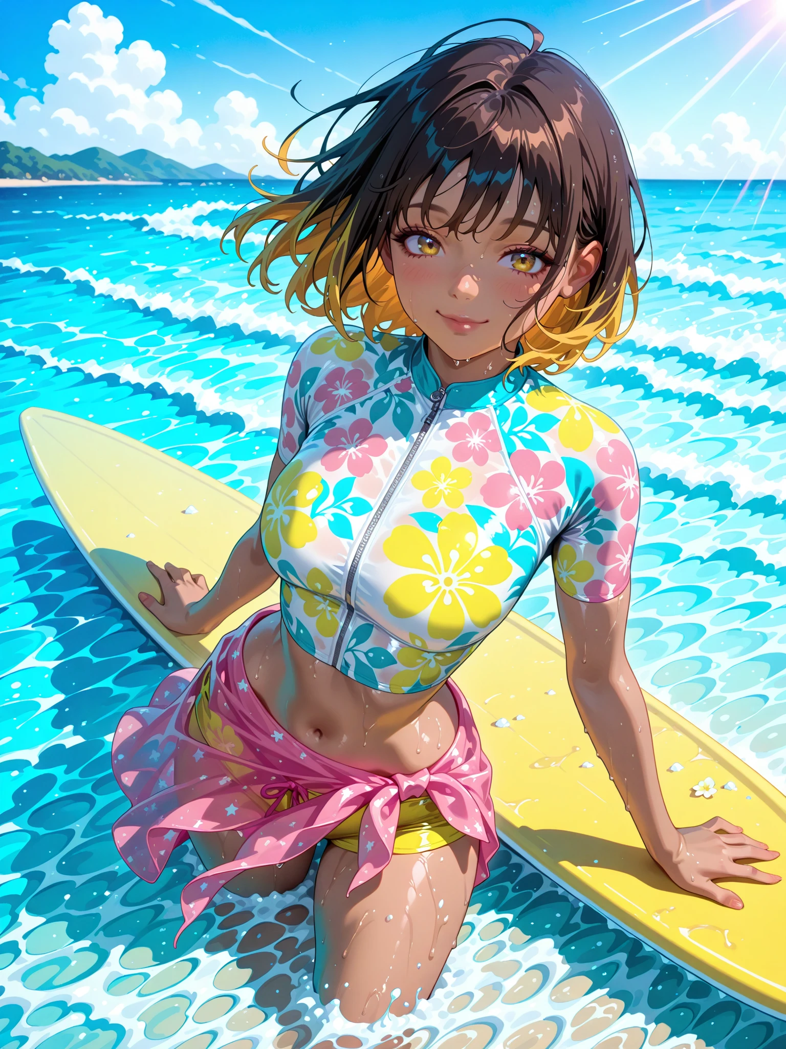 (High quality, 8K ,Wallpaper), (Very delicate and beautiful), (Must see), (Best picture quality: 1.0), (Ultra high quality: 1.0), (Realistic), Masterpiece, Best picture quality, 4k, High resolution, Realistic, Raw photo, Fine, lustrous skin, Japanese woman, 20 years old, Capture a natural, confident portrait of a woman standing next to a surfboard. Showcase her poise, strength, and individuality by allowing her to pose freely in the natural environment, whether on the beach, by the waves, or in a surfing scene. Use flattering lighting and angles to highlight her beauty, but prioritize expressing her inner spirit and agency. Avoid objectifying or sexualizing the subject - the goal is to create an image that respects the woman’s autonomy and celebrates her as a multidimensional person, not just a visual object. Pay close attention to the woman’s body language and facial expression, ensuring they reflect her comfort, pride, and sense of self. The final image should convey the woman’s unique personality and capabilities, not conform to narrow stereotypes. Overall, the prompt aims to generate an empowering, authentic portrayal of a woman in a surf-inspired
