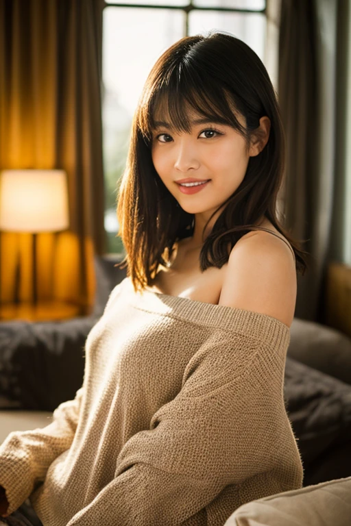 "prompt": "A woman with short black hair is sitting on a sofa, wearing a colorful off-shoulder knit that reaches her knees. She is radiating the best smile, exuding warmth and happiness. The scene is set in a cozy living room with soft lighting, highlighting her joyful expression. The knit is vibrant and detailed, adding a pop of color to the setting. The overall atmosphere is cheerful and inviting, capturing a moment of pure joy and comfort.",