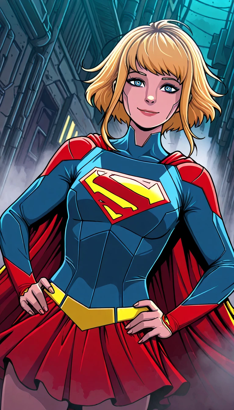 kara, short blonde hair, blue eyes, blue body suit, S (symbol\),
red cape, red gloves, standing, upper body, smile, solo, morning, metropolis city, cloudy sky,
(insanely detailed, beautiful detailed face, masterpiece, best quality),
<lora:supergirl128:0.8>