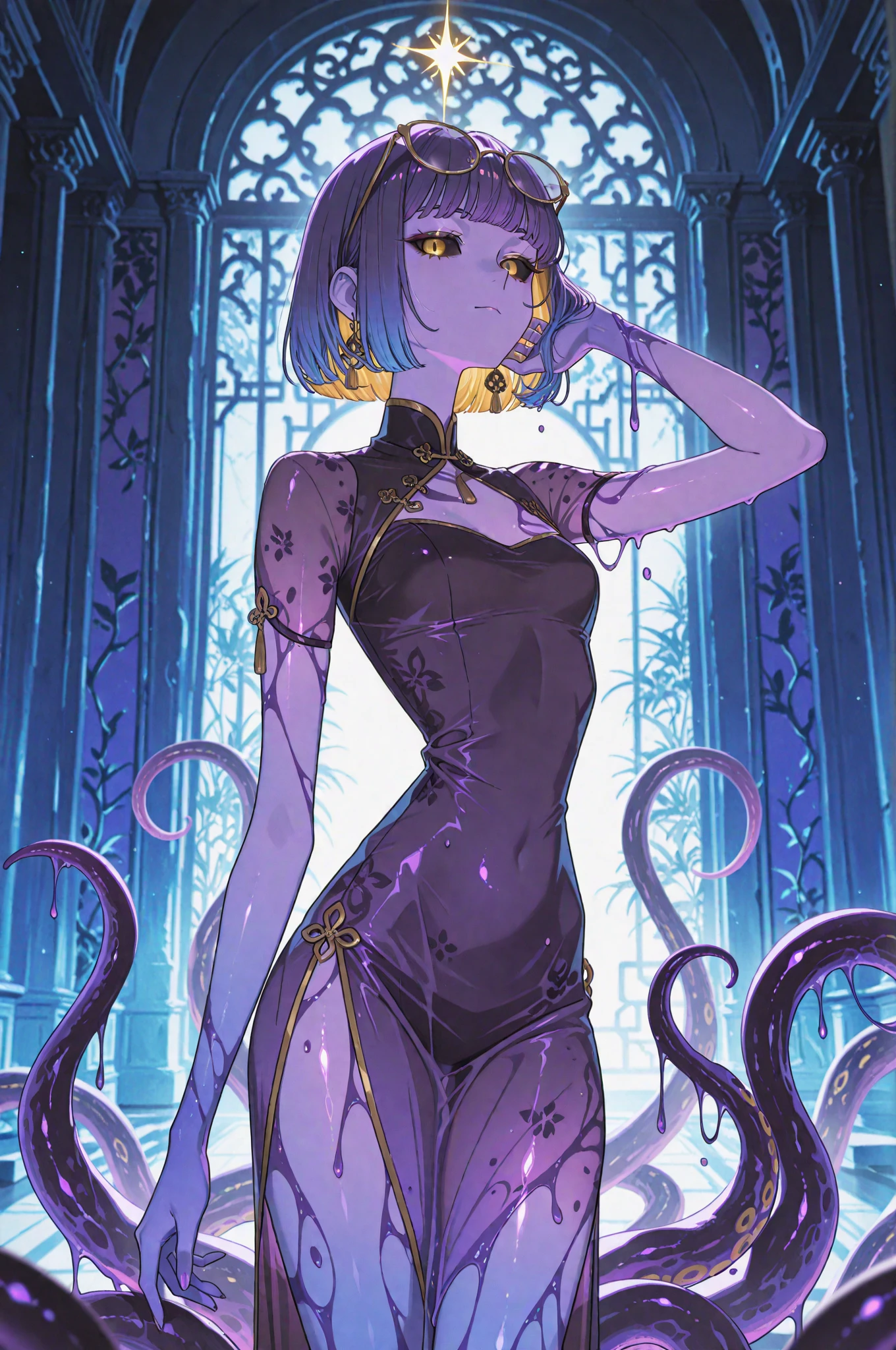 ((best quality)), ((highly detailed)), masterpiece, absurdres, (detailed eyes, deep eyes), (1girl), (glasses), dynamic pose, full body, <lora:aiomonstergirls_loraLocon:.5>, <lora:animeSlime_v10:.2>, slimegirl, melting, wet slimy skin, ((English Violet colored slime_(substance), purple colored skin)), faux bob, colored tips, white hair, (colored skin), see-through body, navel, tentacles, medium breasts, (indoors, at a hospital), <lora:Final_Fantasy_Logo_style:1>, white background
