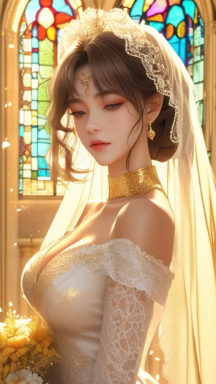 (Sweat:0.7),pale yellow wedding dress,White short skirt,woman,Japanese,Beautiful Face, Beautiful Face,Exposing shoulders,The shoulders are slightly exposed,Translucent skin,Iris,Black Hair,(Realistic:1.4),Realistic details, High resolution,Bokeh,Excellent details,