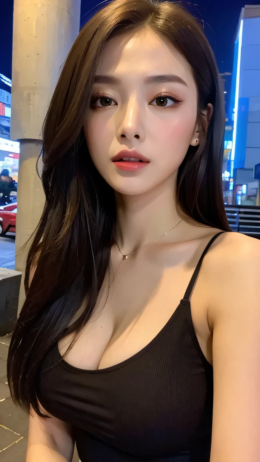 ((Realistic lighting, Best quality, 8K, Masterpiece: 1.3)), Clear focus: 1.2, 1girl, Perfect body beauty: 1.4, Slim abs: 1.1, ((dark brown hair, Big breasts: 1.3)), (Aqua dress: 1.4), (Outdoor, night: 1.1), City streets, Super fine face, fine eyes, double eyelids, exposed cleavage