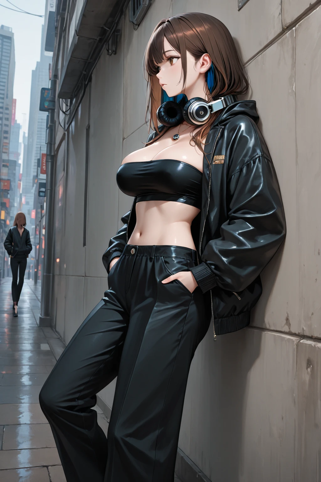 best quality, highres, solo, deep ebony 1girl, beautiful face, black lips, a female character is wearing a yellow and black colored outfit with a backpack and a yellow hoody jacket, dark black and yellow, sports leisure, green eyes, long hair, dangling earrings, cybernetically enhanced, chunky cuban link jewelry, medium breasts, she is standing in front of a moon base with spaceships, satellites and moon rovers, starry night sky, pigeoncore, neo-dadaist, Asuka Langley, neon genesis EVA suit, mechanized precision, space crew member, she holds an important position, in crowd spectator at a tech conference in the style of mecha sci-fi anime