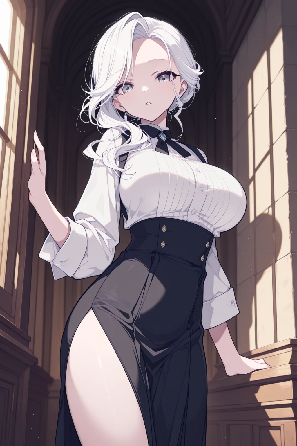 1 full length girl standing, good ass, maid of honor, Hairstyle with a white braid, white hair, blind, perfect lighting, muscular, thighs, mature woman, Mummy, belly button, ABS, look at the viewer (masterpiece, high quality: 1.1) smile, Extremely huge breasts, maternal, Porcelain skin, Extra long hair, shiny skin, good face, oni horns