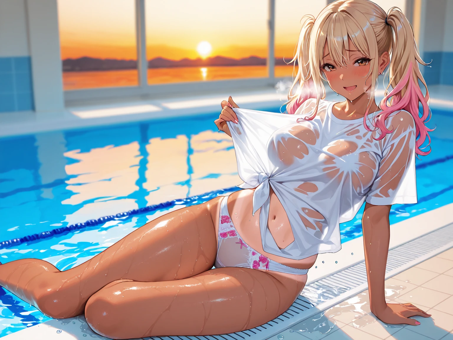 (best quality), (very aesthetic), (ultra-detailed), (best illustration), nsfw, 1 girl, Solo, GAL, (dark skin1.5), long hair, light brown hair, micro bikini, blue White striped bikini, bracelet, (denim hot pants1.5),night pool,Sit by the pool