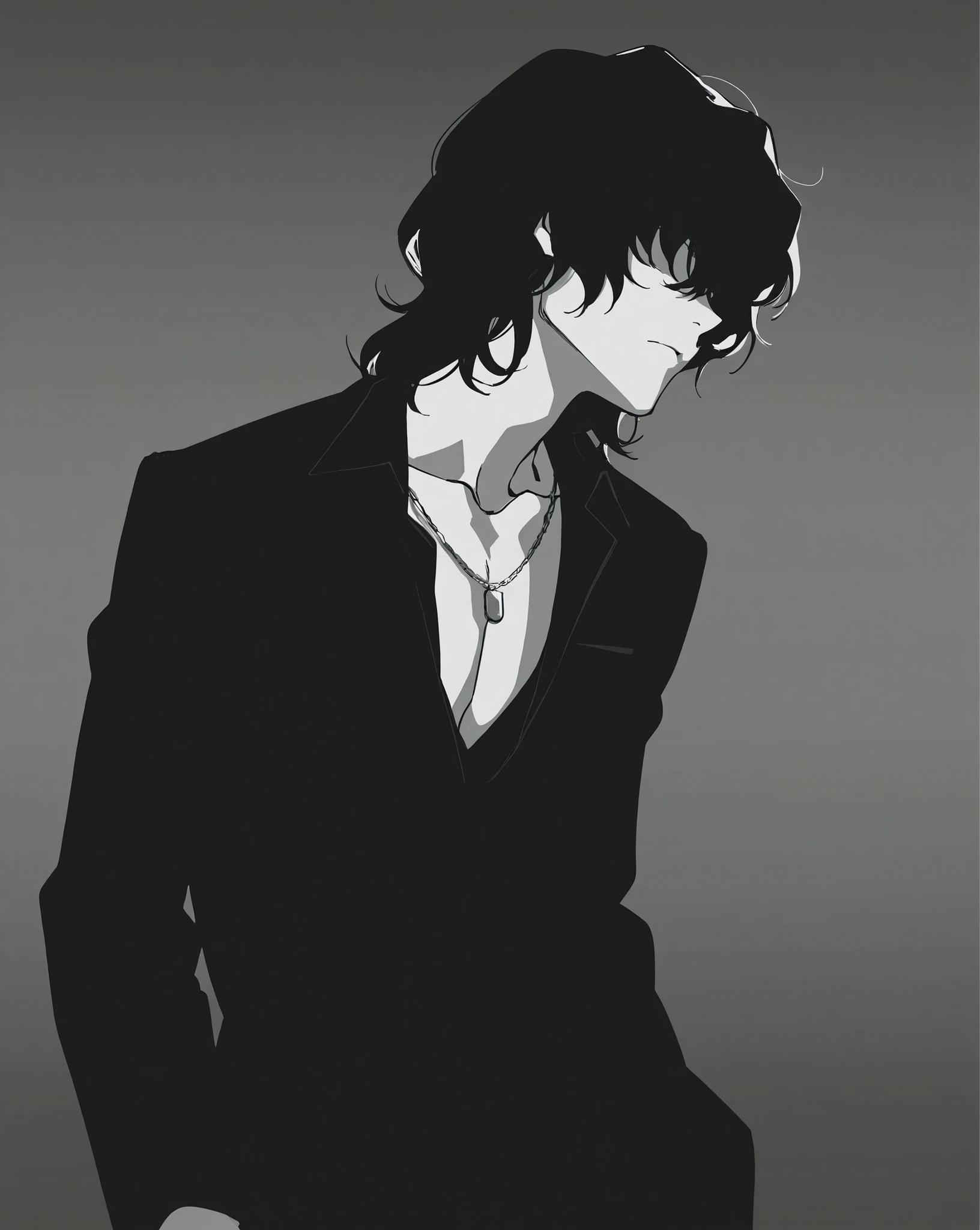 (persona,arknights,fate (series),faceless,greyscale),from below, foreshortening,((painterly,high detail,highly detailed,cel shading)),{artstyle: Yoneyama Mai,iwao178,S4s4k1Nsfw,ebora,zenless zone zero},professional artist,detailed anatomy,masterpiece, best quality,mature male,1boy,solo,medium_shaggy_hair, wavy_hair, bangs, dark_hair,blazer,pectoral_cleavage, collarbone,necklace monochrome_clothing,portrait,black_and_white, studio_lighting, moody_portrait,serious_expression, gazing_to_side, elegant_pose, minimal_background,gradient background, film grain,