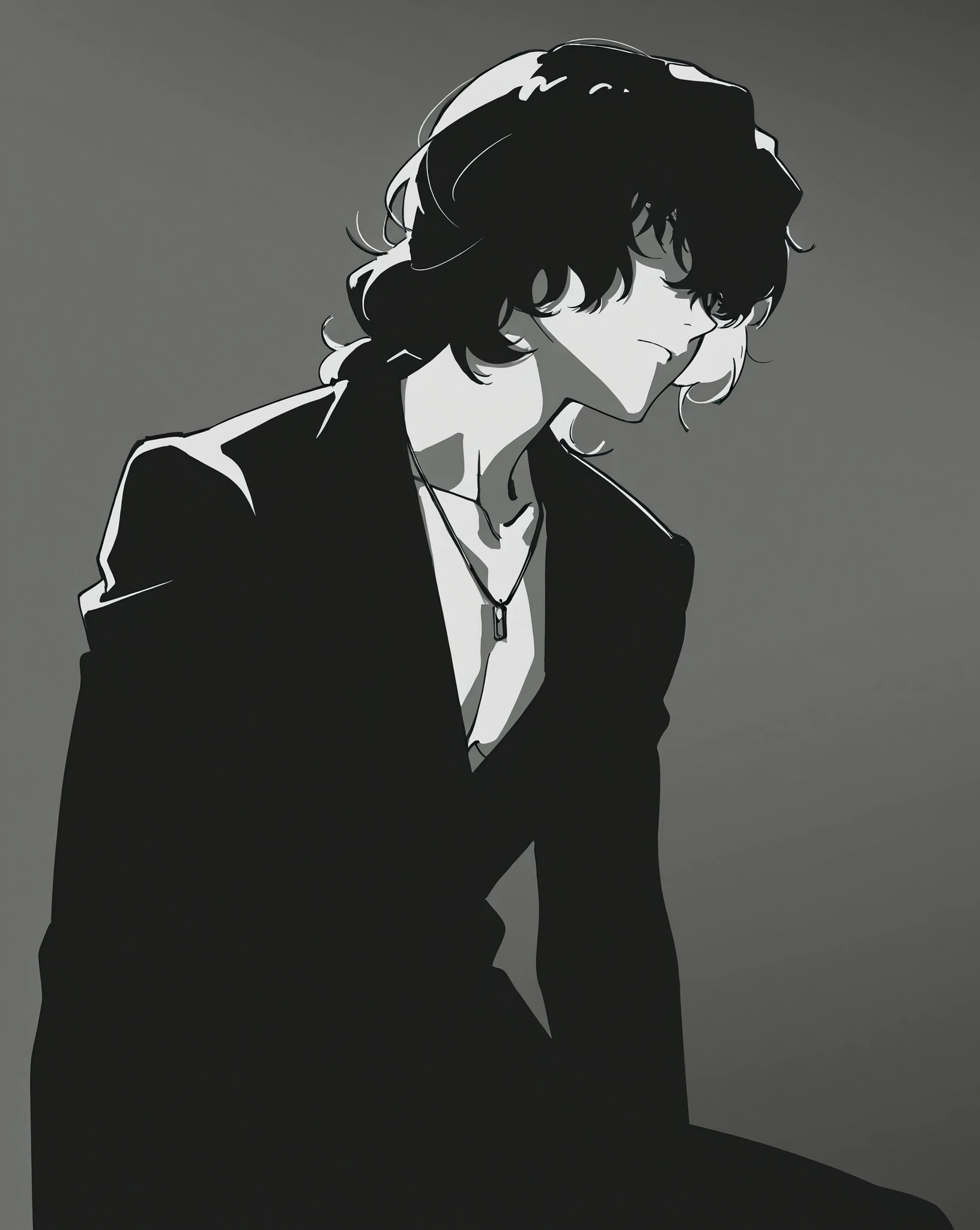 (persona,arknights,fate (series),faceless,greyscale),from below, foreshortening,((painterly,high detail,highly detailed,cel shading)),{artstyle: Yoneyama Mai,iwao178,S4s4k1Nsfw,ebora,zenless zone zero},professional artist,detailed anatomy,masterpiece, best quality,mature male,1boy,solo,medium_shaggy_hair, wavy_hair, bangs, dark_hair,blazer,pectoral_cleavage, collarbone,necklace monochrome_clothing,portrait,black_and_white, studio_lighting, moody_portrait,serious_expression, gazing_to_side, elegant_pose, minimal_background,gradient background, film grain,