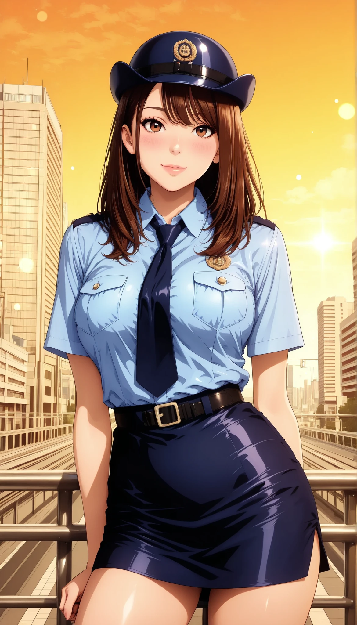 Semi realistic, solo, female police officer, Standing Pose, cowboy shot, low angle, downtown, cityscape, Pedestrian bridge, (police uniform, miniskirt, female service cap), beautiful expression , kind smile, attractive eyes, glossy skin, graceful behavior, Fine Gloss, parted 唇, brown hair, Medium straight hair, blush, sexy portrait, Medium close-up shot, Hi-Res, precise texture, Delicate Details, Natural Shadows, sophisticated background, Warm Colors, Delicate Portraits, Digital Art, Picture, beautiful anime style, High Quality, 非常にHi-Res, (最High Quality), (ultra-detail:1.2), Hi-Res, Aesthetic Expression , ultra-detail, realistic, Cinematic, masterpiece, Beautiful CG illustrations, sharp outline, Background bokeh.