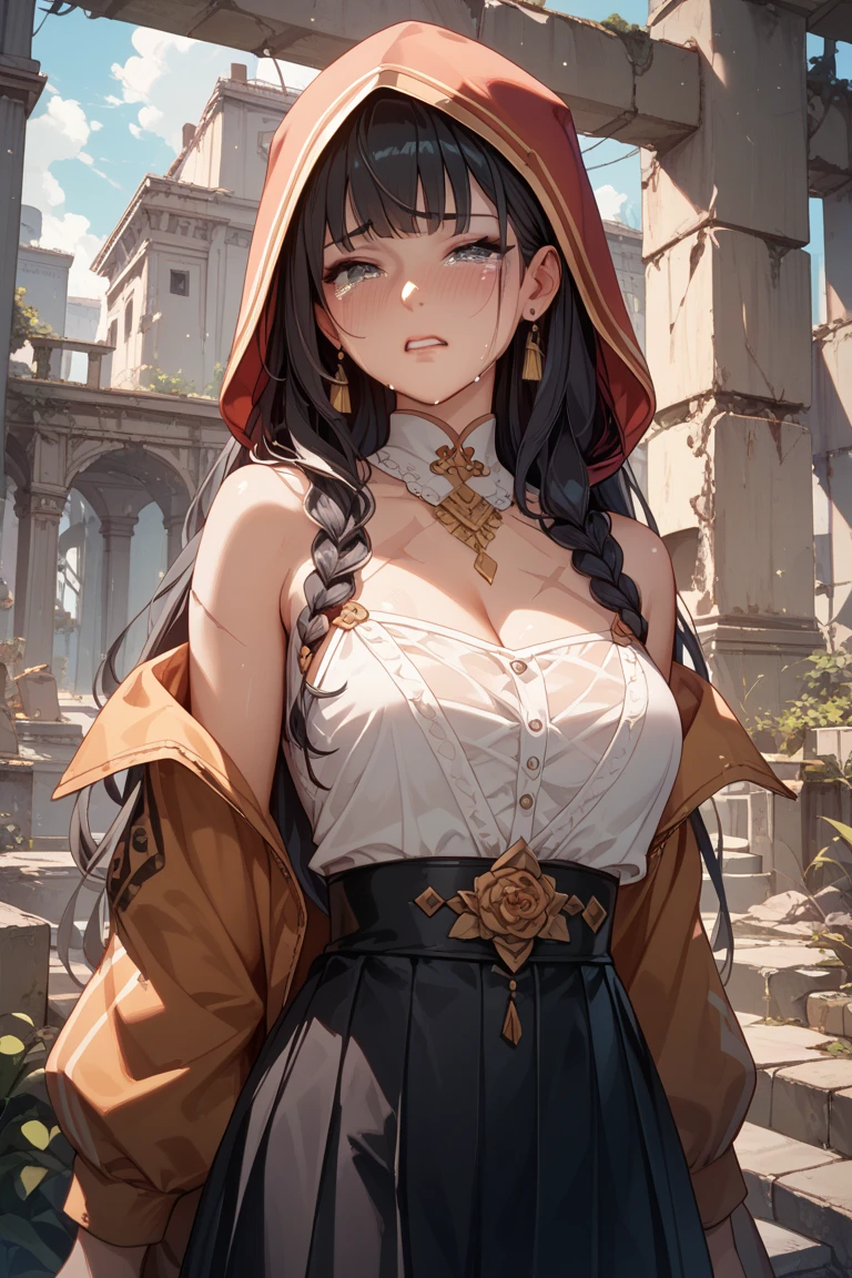 brown skin, older woman, sexy, tall, brown skin, one dragon wing, black hair, elf, elf ears, dragon horns, dark clothing, purple clothing