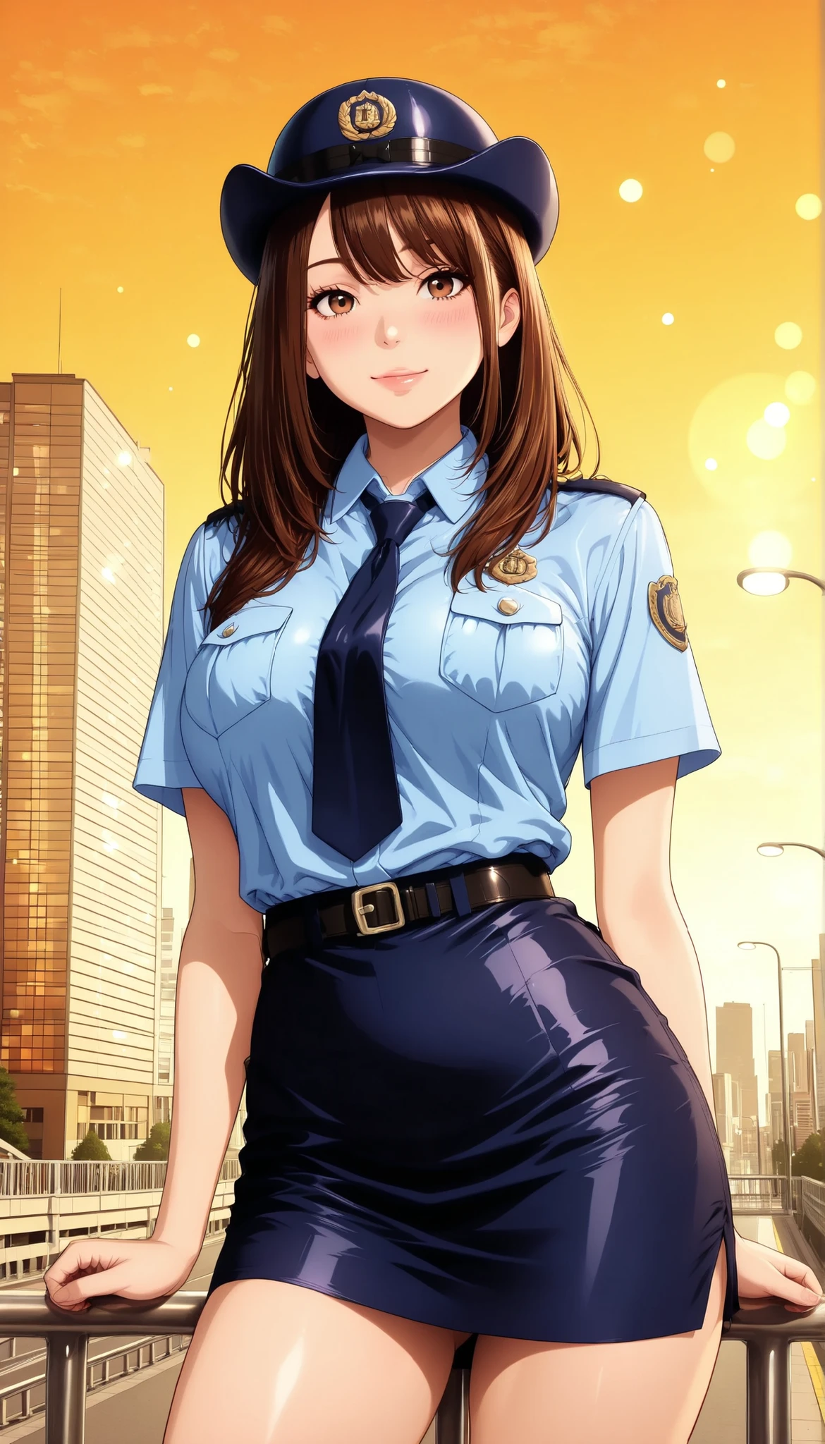 Semi realistic, solo, female police officer, Standing Pose, cowboy shot, low angle, downtown, cityscape, Pedestrian bridge, (police uniform, miniskirt, female service cap), beautiful expression , kind smile, attractive eyes, glossy skin, graceful behavior, Fine Gloss, parted 唇, brown hair, Medium straight hair, blush, sexy portrait, Medium close-up shot, Hi-Res, precise texture, Delicate Details, Natural Shadows, sophisticated background, Warm Colors, Delicate Portraits, Digital Art, Picture, beautiful anime style, High Quality, 非常にHi-Res, (最High Quality), (ultra-detail:1.2), Hi-Res, Aesthetic Expression , ultra-detail, realistic, Cinematic, masterpiece, Beautiful CG illustrations, sharp outline, Background bokeh.
