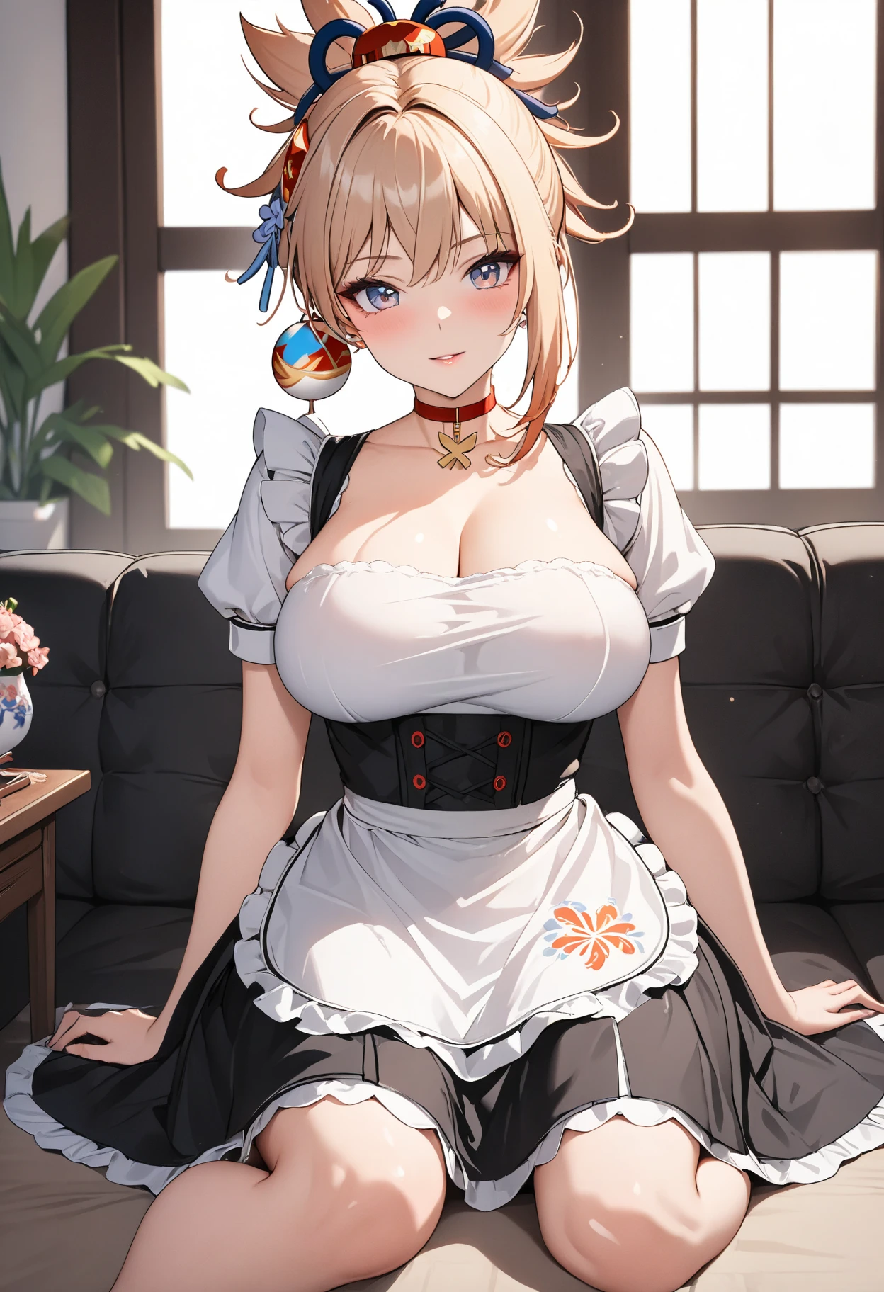 masterpiece, best quality, highly detailed, high resolution, expensive resolution, high resolution, 4K, 8k, uniform 8k wallpaper, highly detailed CG, masterpiece, 2D, 3D, beautiful details, depth, fine texture, best quality: 1.3, perfectly focused, crispy. skin, him, very cute anime girl, idol, brown double hair buns wearing expensive,, mole under eye, looking at the viewer, expensive, blush, mole, plump lips, heart, pink eyes, heart shaped choker