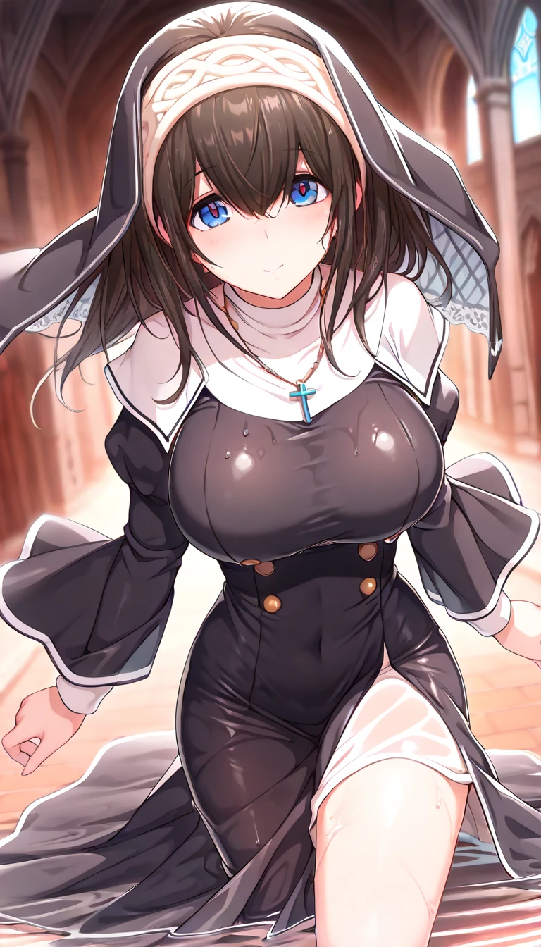 ((Masterpiece, best quality, high quality, highly detailed background)), ((chapel bedroom:1.3, medieval village window view, blue sky:1.3)), ((Nausicaa, mature female, white bridal veil:1.3, white arm gloves:1.3, white stocking:1.3, large breasts:1.3, exposed nipples:1.3, exposed breasts:1.3, nude:1.3)), ((shy, closed mouth, blushing)), ((cowboy shot, standing in front of the bed, sexy pose, (face focus), looking at viewer))