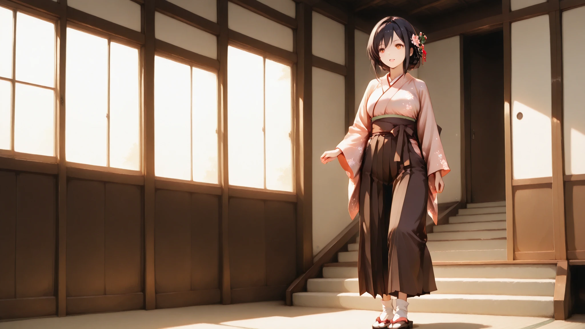 1girl, solo, black kimono, standing, couch, one arm extended, potted plants, living room, barefoot, full body, Enma Ai