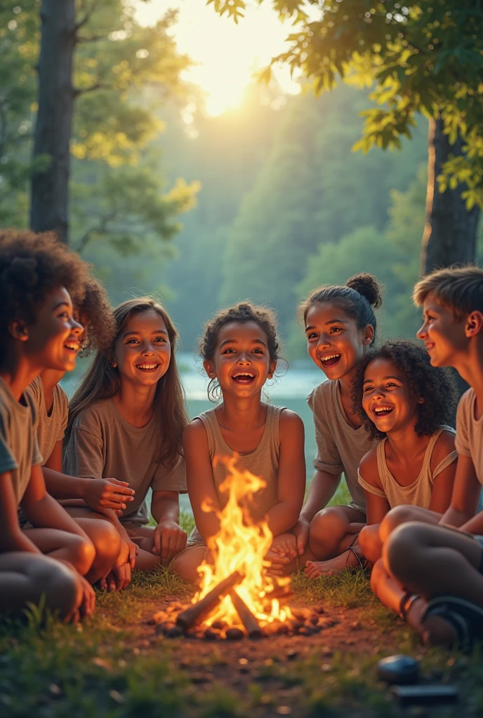 Distressed color photo of children at summer camp around campfire saying goodbye, group photo, 40 children aged 12 to 13, boys and girls, end of season, written on the photo Alto da Serra Camp Class of 2012, Tumar&#39;s photo