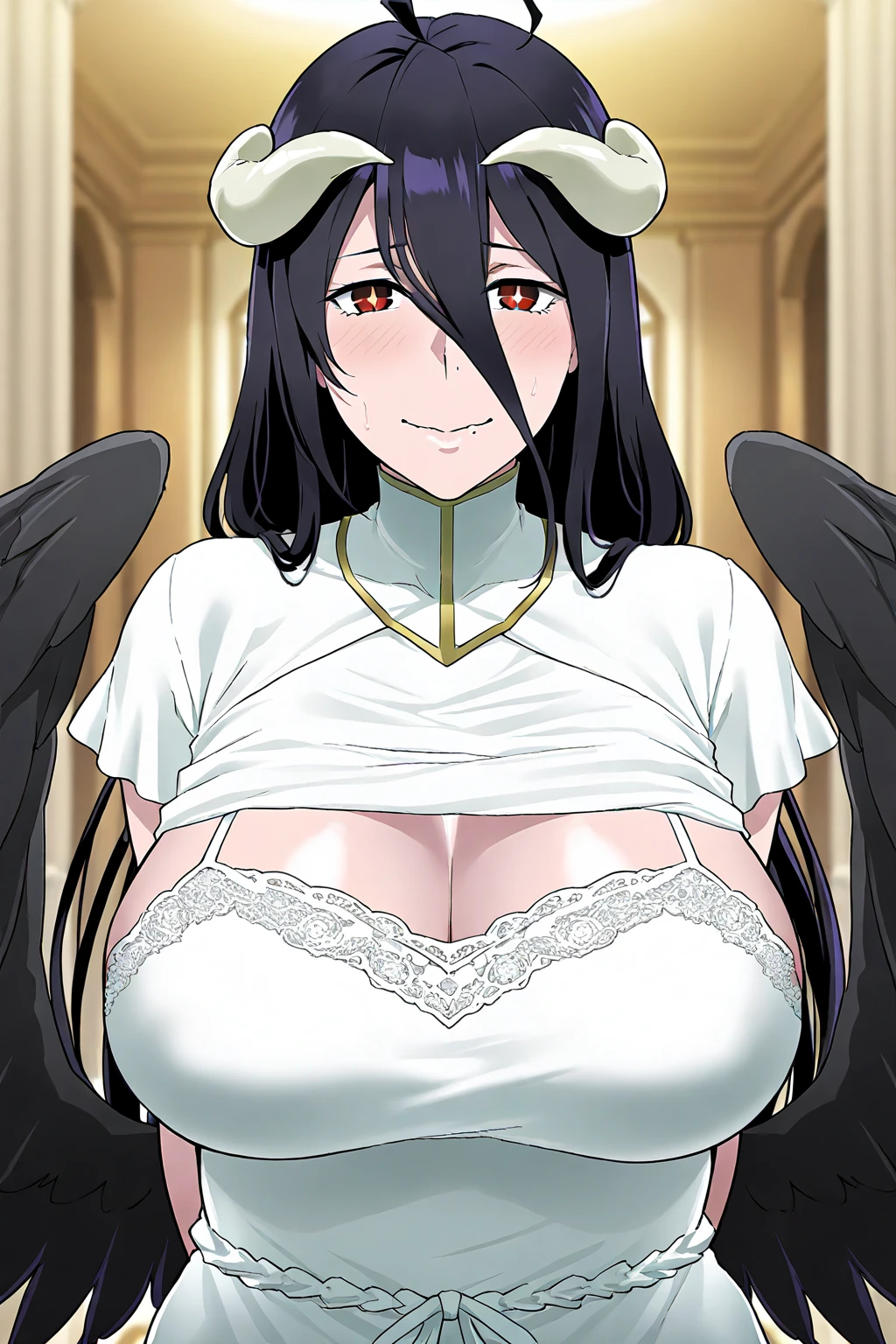 Half body, cleavage, detailed eyes, emotionless, big tits,  masterpiece, (photorealistic:1.4), best quality, beautiful lighting, admiral long coat, shoulder badge, (ulzzang-6500:0.5), makima \(chainsaw man\), (red hair)+long hair, +(bangs), yellow eyes, golden eyes, (white shirt), RAW photo, 8k uhd, film grain, at castle, mediavel,