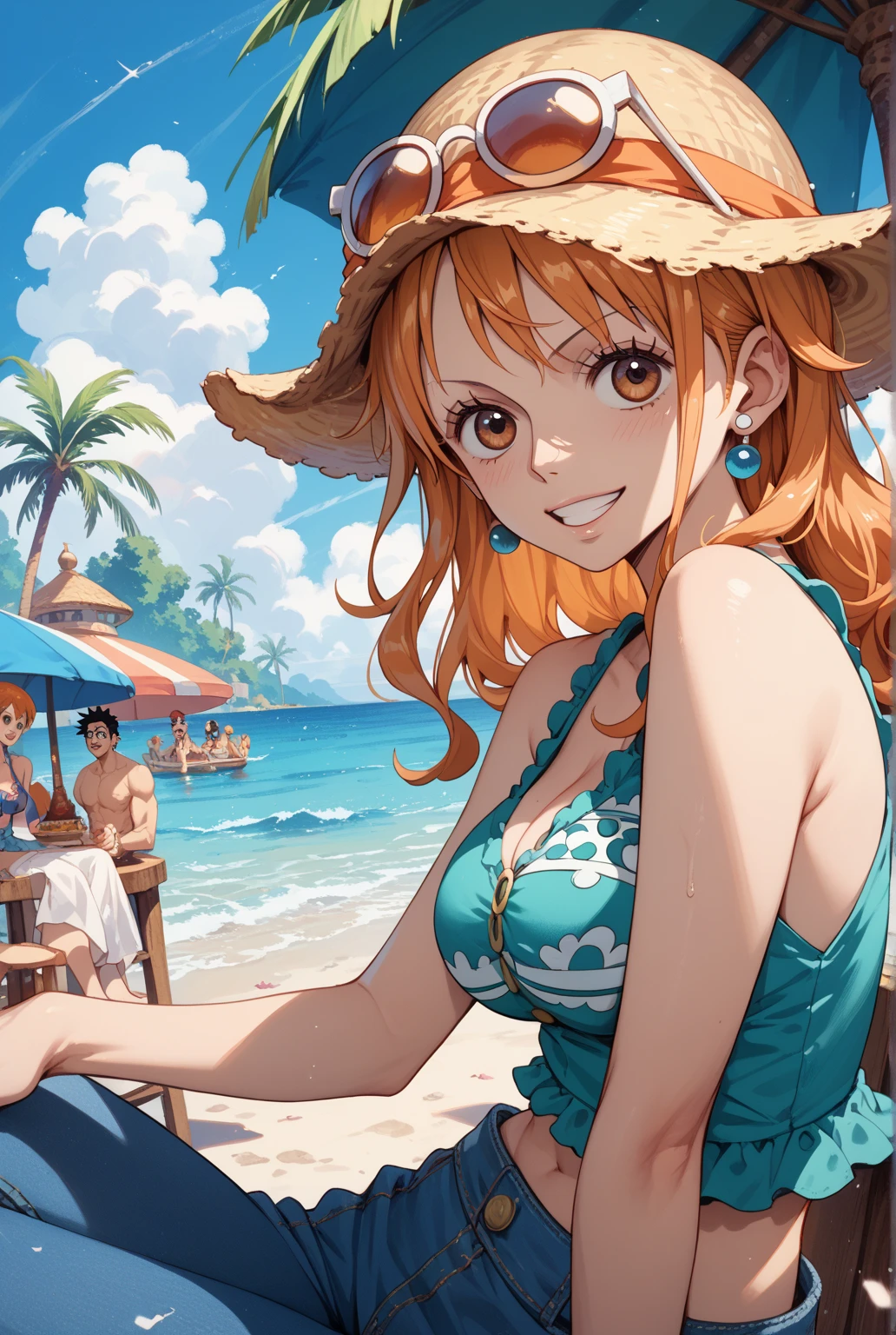 Generate a high-resolution image of Nami from One Piece with a drawing style close to that of Eichiro Oda , Very very high quality image, Nami sits on a beach lounge chair with a pirate hat and tangerine in her hand , elle porte un soutien gorge de couleur orange qui laisse entrevoir sa grosse poitrine plantureuse, elle met un pantalon assez moulant et lance un sourire provocateur et confiant, rolling his tongue over his clear lips , The lines must be fine and the photo of high quality, elle regarde le public , finely detailed, mignon, Nami a 23 ans, she has a pirate hat with a skull drawn on it and tight pants