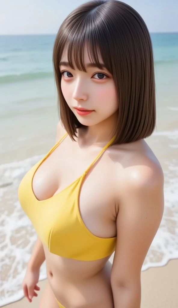 Tabletop, Highest quality, Realistic, Very detailed, finely, High resolution, 8k wallpaper, One beautiful woman,, Light brown short hair,wearing colorful bikini, Sharp focus, Perfect dynamic composition, Beautiful and exquisite, Detailed Realistic skin texture, smile, Close-up portrait, Model Body Type,Large Breasts、Cleavage,Tropical coast、Selfie