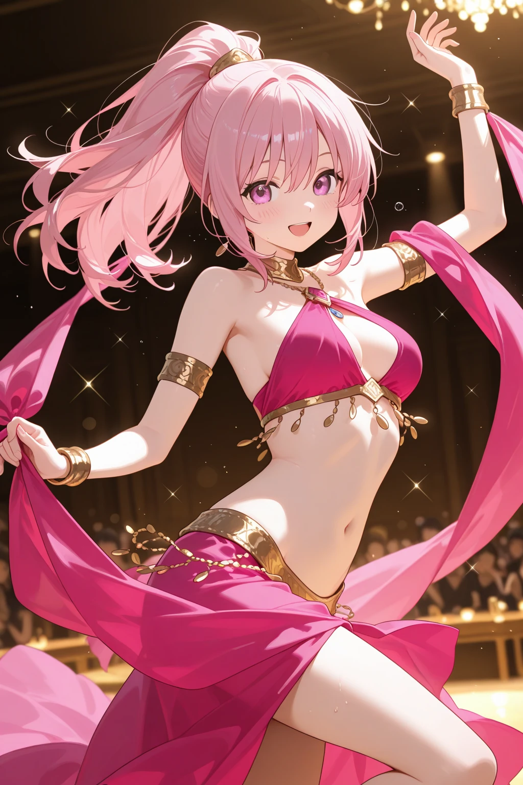 Smug dancer girl with a golden strapless 2 piece bikini bra with transparent pink pants revealing her golden panties she is adorned with a large amount of jewelry