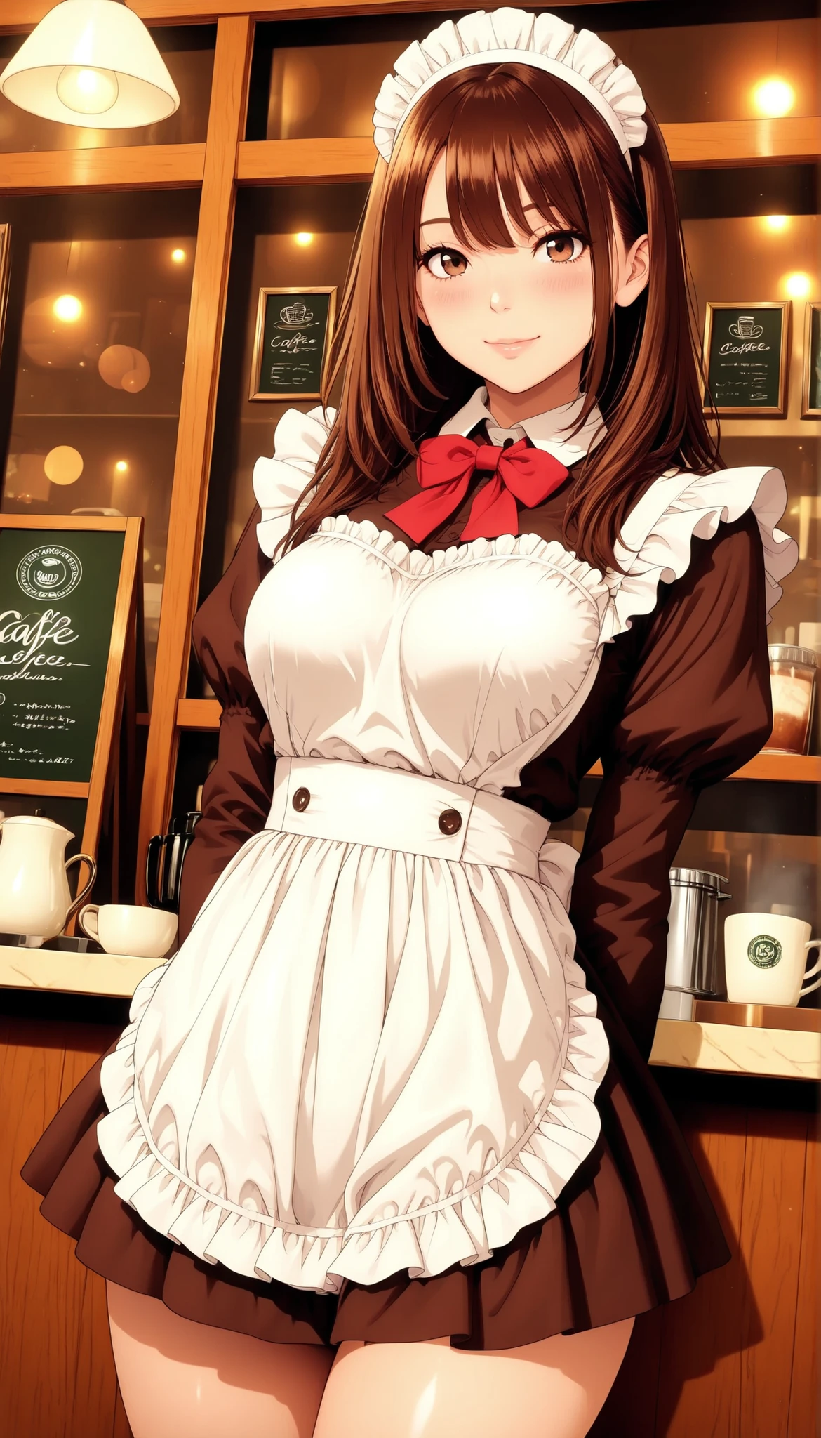 Semi realistic, solo, Maid Outfit, Standing Pose, low angle, ((cafe, Inside the coffee shop)), (フリル付きMaid Outfit, miniskirt), Smile Yan, 優しいSmile Yan, attractive eyes, glossy skin, graceful behavior, Fine Gloss, parted 唇, brown hair, Medium straight hair, blush, sexy portrait, Medium close-up shot, Hi-Res, precise texture, Delicate Details, Natural Shadows, sophisticated background, Warm Colors, Delicate Portraits, Digital Art, Picture, beautiful anime style, High Quality, 非常にHi-Res, (最High Quality), (ultra-detail:1.2), Hi-Res, Aesthetic Expression , ultra-detail, realistic, Cinematic, masterpiece, Beautiful CG illustrations, sharp outline, Background bokeh.