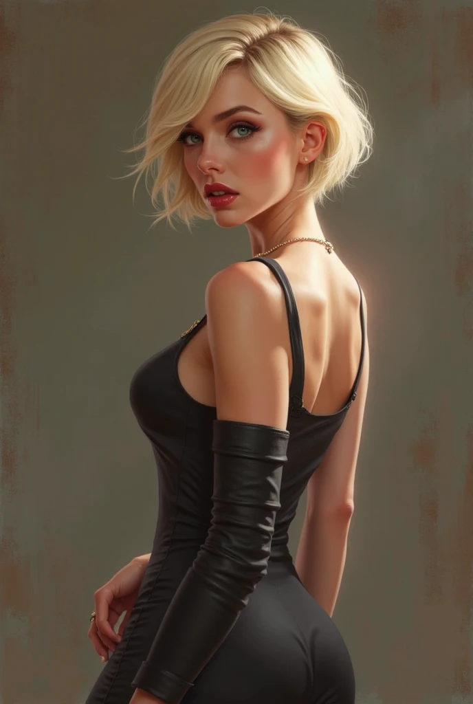 blonde 20 year old slave in submissive posture and with submissive look. she wears leather leggings and a tight top and has a submissive look. she wears a slave collar
