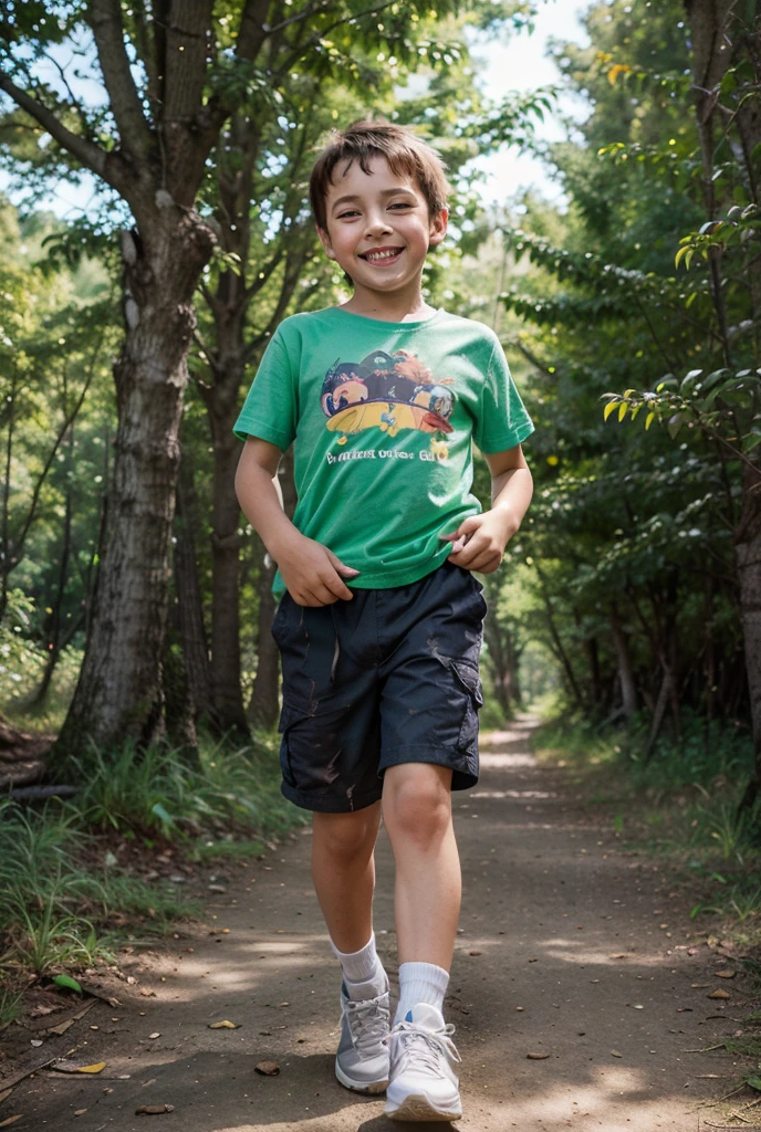 Danielum 1 year old boy with short straight brown hair and cute and soridente with blue shorts and green shirt dom yellow backpack strolling in the forest very realistic and human --auto --s2