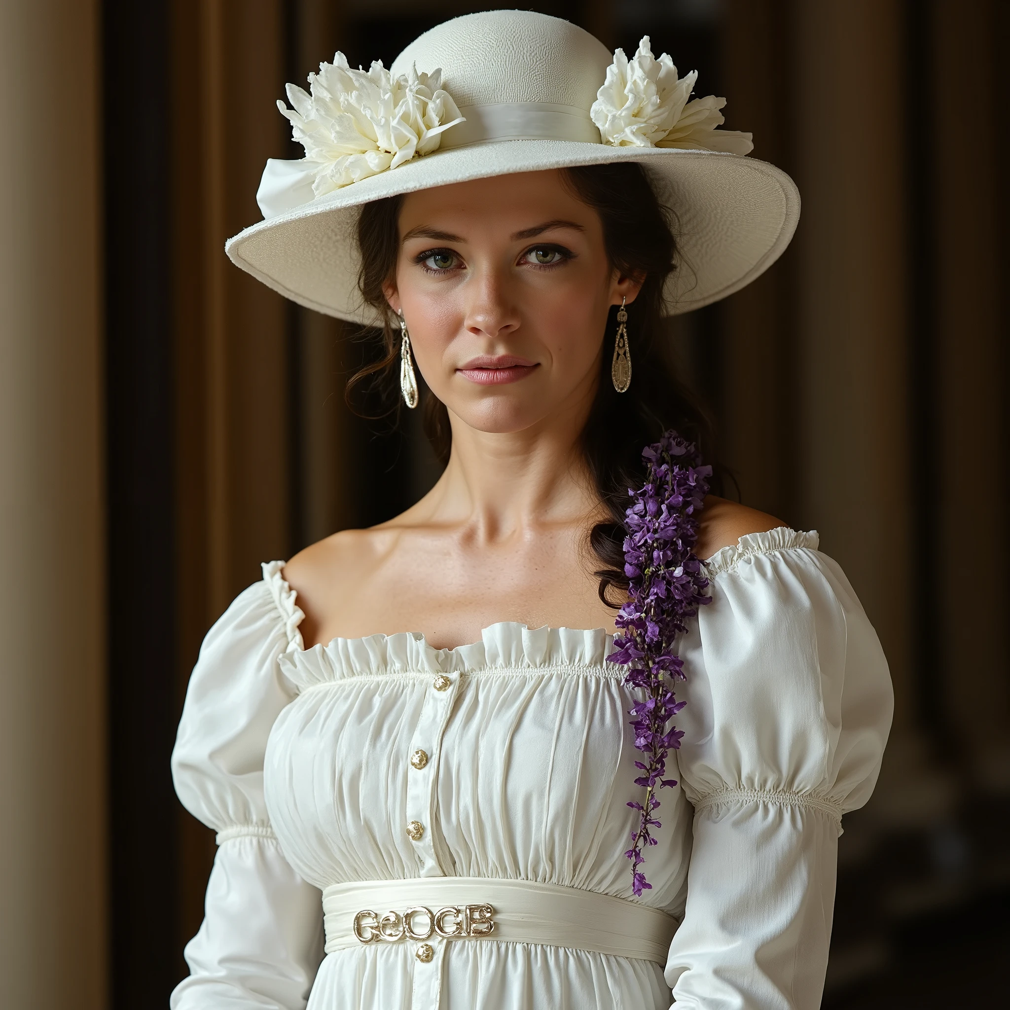 a realistic professional photo of Evangeline Lilly, she wears a white long old designed dress (1900) and a big white hat, there is a belt that is also white and a white purple flowers on her hat and down the dress, professional lighting, clear photo, high quality