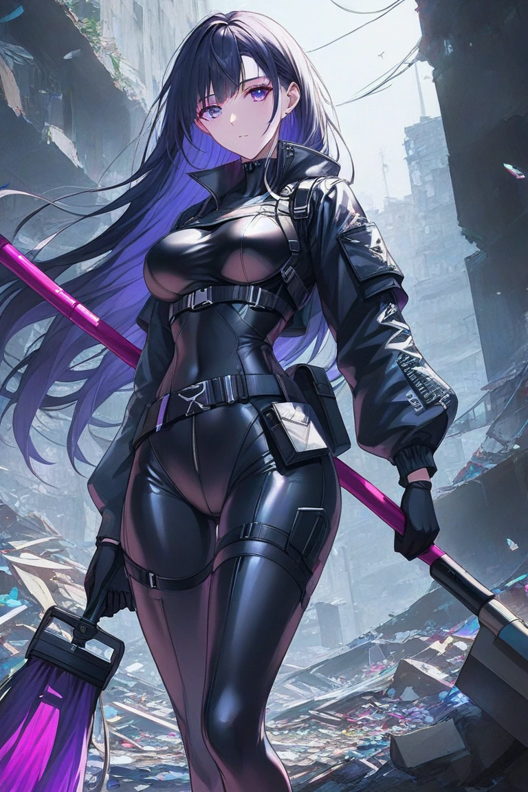 Strong woman villain, smug face, Black hard mask over mouth, long black hair, purple glowing eyes, black Rubber shorts, exposes midriff, Long black rubber gloves, long black rubber boots, silver machine attached to back, purple liquid wires on wrist attached to machine on back, torn clothing