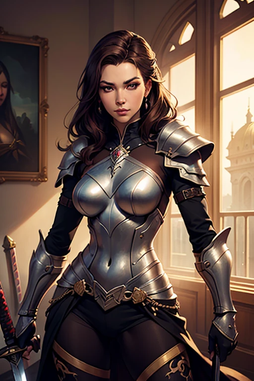 tmasterpiece,High-definition CG diagram,Beautiful female warrior,Detailed eyes and face,Tall figure,Full armor attire,Extra-long leather boots,Over-the-knee leather boots,Inside over the knee stockings,Brilliant armor colors,Exquisite decoration,General temperament,Tall figure,Wide buttock,Thick legs,A majestic sight,Stand in the war