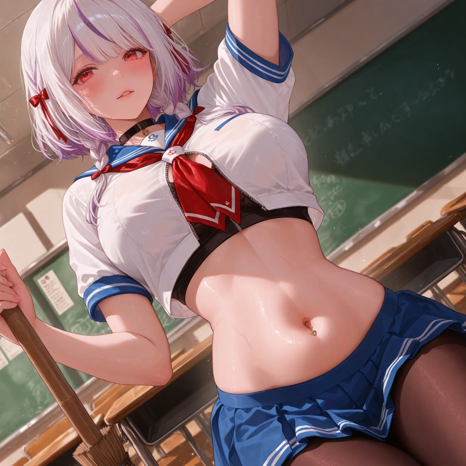 Masterpiece、最high quality、high quality、High definition、High resolution、High detail、Lens flare、Ray Tracing、high qualityのテクスチャー、high qualityの影、Beautiful details、Detailed explanation、Detailed texture、Realistic facial expression、Realistic and colorful、Slender、Cinematic Light、Side light、Sharp Focus、(1 Girl:1.3)、(Intricate detailakeup、Pure Eros Face_v1:0.5)、(Details Beautiful delicate face、Detailed beautiful delicate eyes、Perfect Facial Proportions、Detailed skin、Charm)、Frustrated expression、Fancy Twin Tails、Beautiful bangs、(Two-tone gradient hair color)、slender、(Upturned beautiful breasts)、(Detailed crotch、Open crotch、Showing off your crotch)、Female juice、Experiencing orgasm、(Spread your knees and open your legs)、(Raise your arm and make a peace sign)、White front opening shirt、Crop top、Thighini skirt、Flip up、High slit、Sailor suit、socks、boots、Low-angle composition、(Take a deep breath、Work on this image step by step)