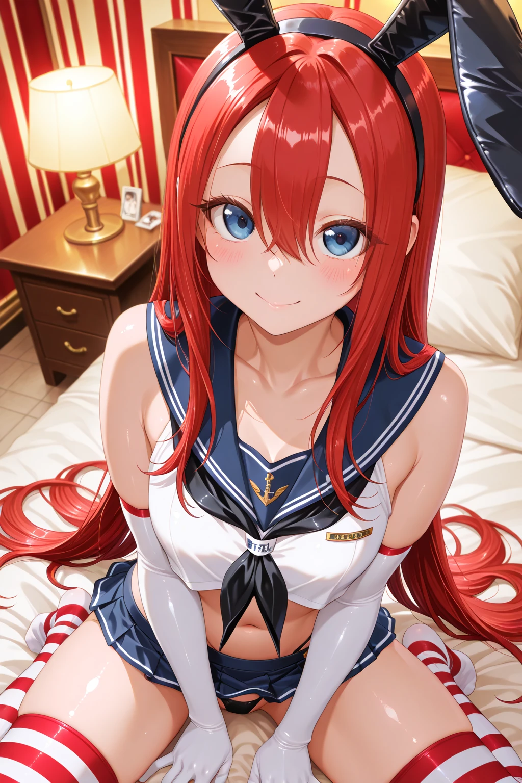Rias Gremory was brainwashed (masterpiece, best quality;1.3), extremely detailed CG, ultra detailed, 1girl, solo, smile, looking at viewer, stylish ungle, blonde long hair,blue eyes,
sv1,orange choker, white gloves, jewelry, rise arms, lying on bed,
shimacos, microskirt,crop top,thighhighs, elbow gloves