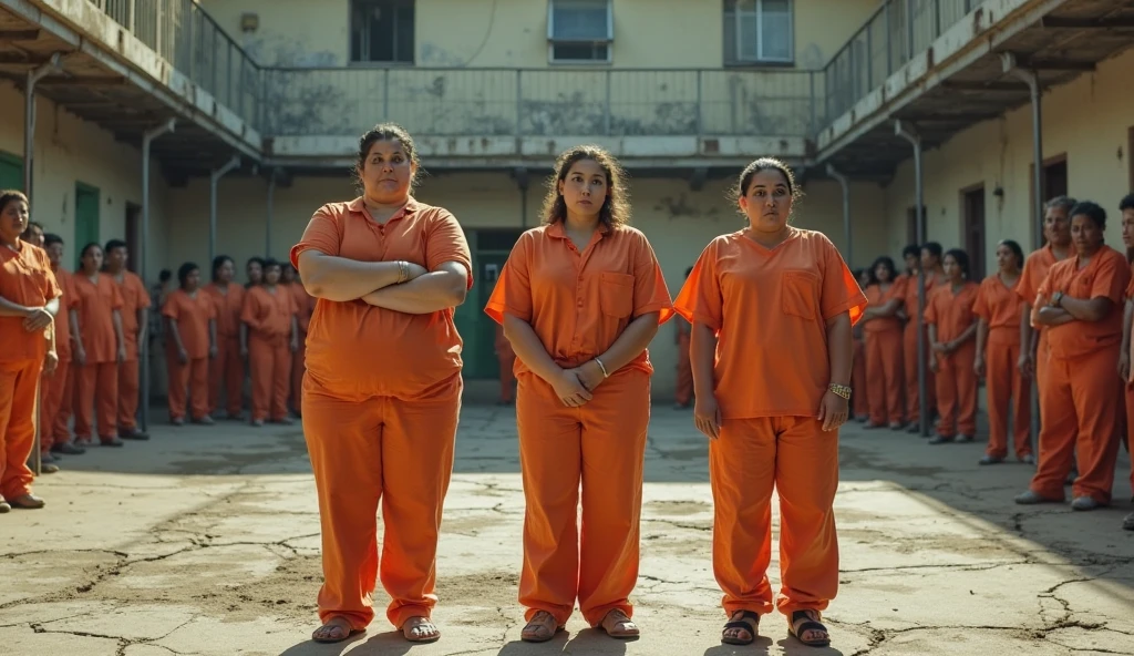 ((best quality)), ((masterpiece)), (detailed), a crowd of beautiful Ecuador women line up tight in a prison hall, women wearing orange prison bra lace panties who are heavily pregnant, their bellies is showing. women standing in a tight line in a room behind prison-like bars., full body, extremely detailed,high quality, cinematic lighting,photorealistic,8k,masterpiece.