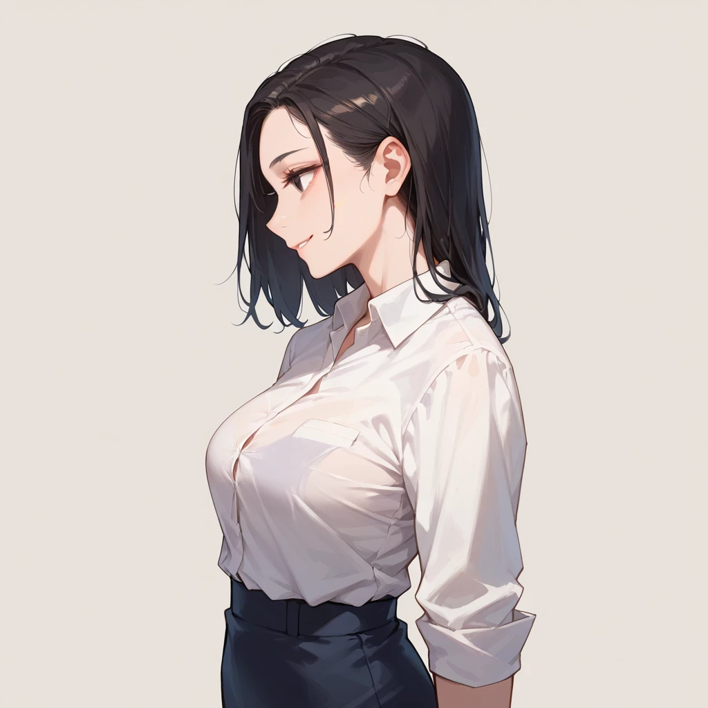 Dark-skinned milf, long black hair, wearing white pajamas with a low cut on the chest