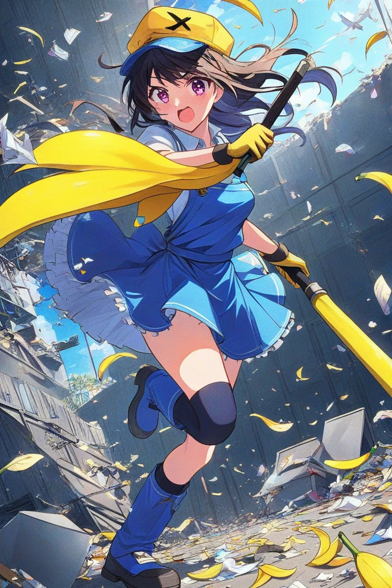 Persona of Kimetsu no Yaiba, Women, that has black hair that is loose and long to the top of the butt, with the hair in front divided in two and two strands tied in the back with a luminous light blue pearl brooch, light blue haori, and navy blue jacket uniform, Short skirt, long light aul knee stockings, and boots like Kanao Tsuyuri's, gray eyes with black pupil, like those of Daki the upper sixth moon, and light and cute smile. Illuminating blue pearl earrings.