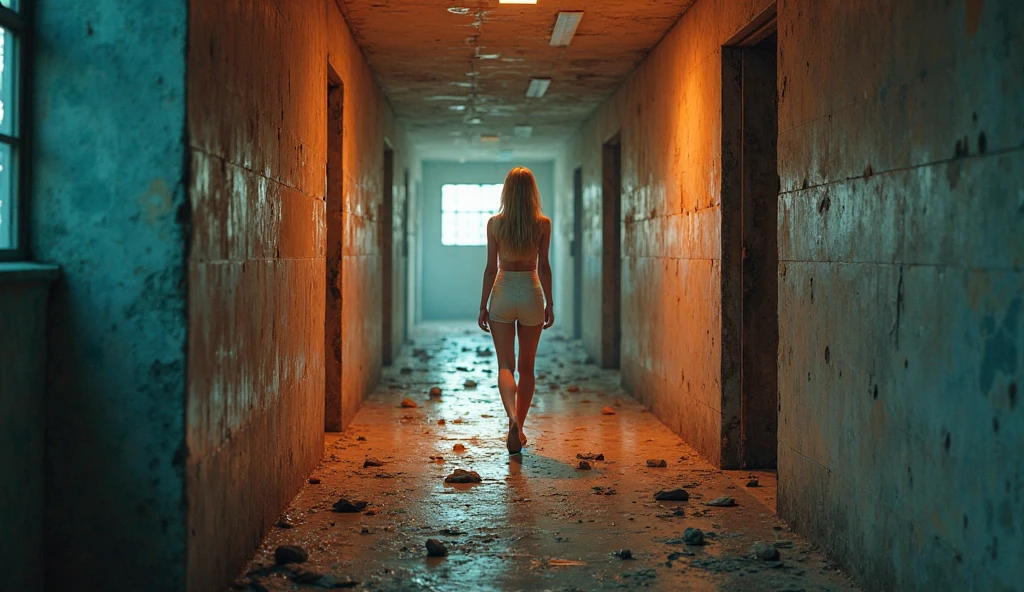 Abandoned schools，Sexy standing pose，Full body portrait 1.1，18-year-old high model，Random white transparent small size swimsuit，lean and slender body，As thin as a whipping post，Skinny，The barefoot，Random nudity throughout the body1.1，Random exposure of genitals1.2，facing to audience