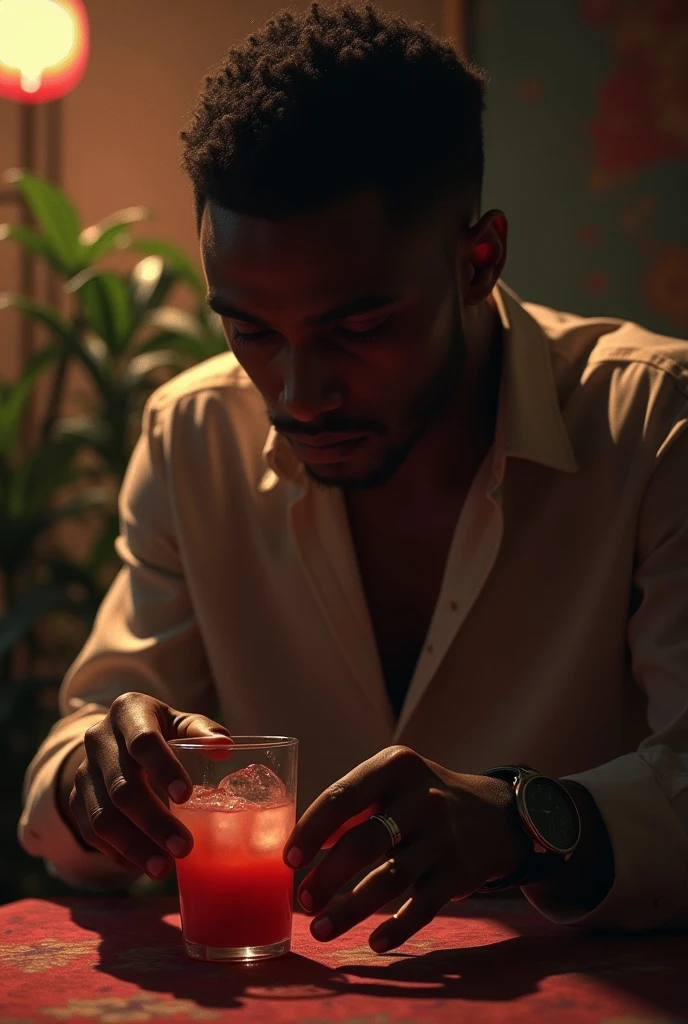 Tattoed dark-skinned man,with curly hair,sadly drinking wine at home