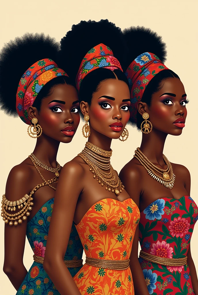 Animated African brunette in yellow dress with necklaces and golden turban. Animated African brunette in blue dress and seashell turban. Animated brunette with a white and silver dress with a white feather turban and all with African necklaces accompanied by an African lady with a black and green dress with. Silver necklaces and bracelets and turban 