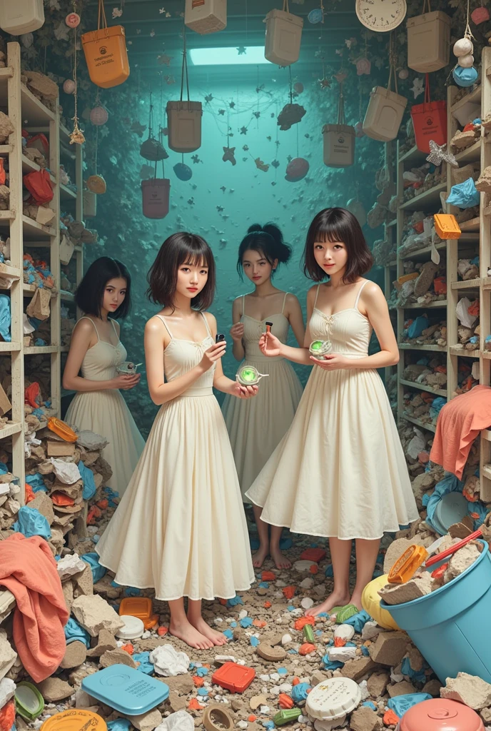 (8k), (best quality), (masterpiece:1.2), (realistic), (photorealistic:1.2), 2 women, ultra-detailed, woman group, naked on the (light blue garbage bag:1.3), lingerie, skimpy, collarbone, sexy, (throw together:1.3), (female ninja:1.3)