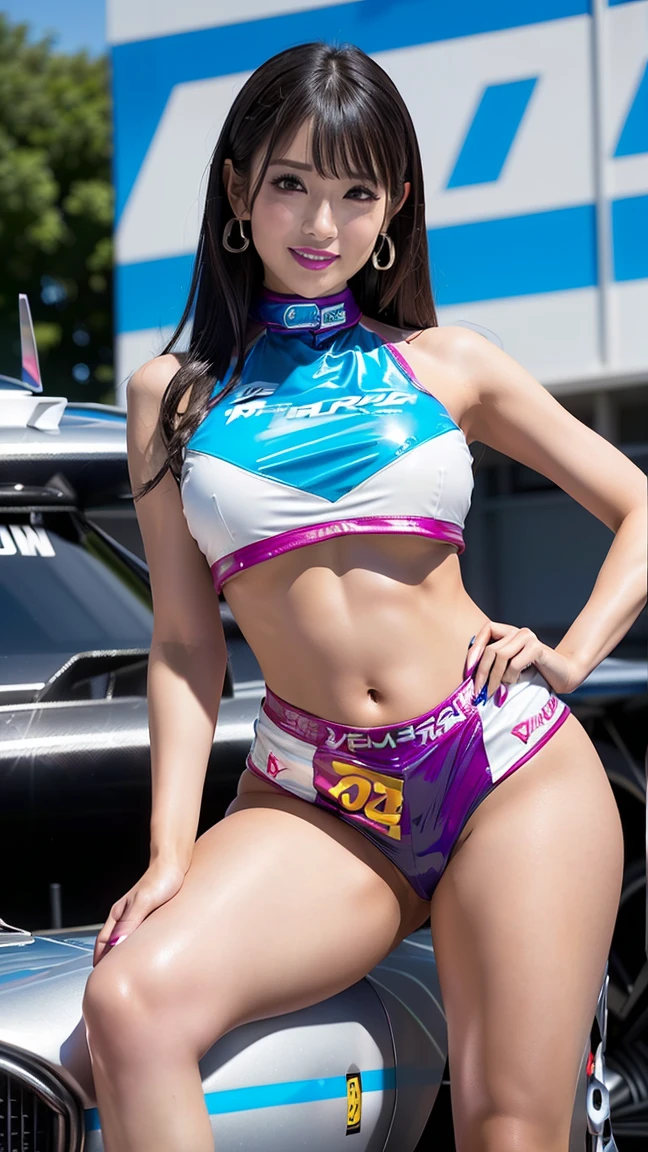 18 year old Japanese sexy model、cute、best quality, 1 female, very tortuous, (big breasts, cleavage)、stoic, dark brown hair, bob hair、racing suit, full lips, seductive tits, skirt、Race queen appearance、A slender、 master painting, best quality, photorealistic, Super detailed, (shiny skin:1.4), slender,dynamic light and shadow,High resolution,Tits sharp focus、A slender、(thick thighs),sky sky、grid girl, underboob, wear a grid_Girl's costume with sponsor's logo printed on it, (stand in a motorsport race)+ left hand on waist、((Angle from below))、blur the background