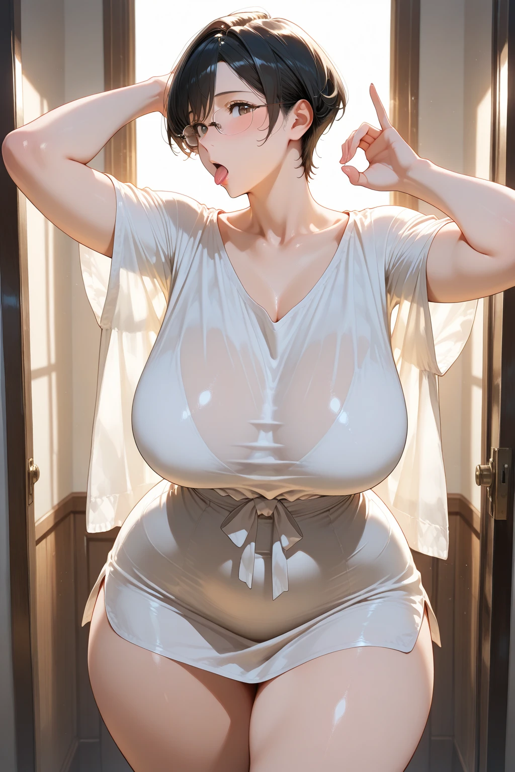 1girl, 独奏, White color blouse, White sneakers, tennis wear, Short white dress, tmasterpiece, Best quality at best, realisticlying, ultra - detailed, (shiny skins, perspired:1.4), absurderes, looking at viewert, with short black hair, with brown eye,slenderness,Dynamic light and shadow,A high resolution,Sharp focus,depth of fields,The eyes are delicate,Sharp pupils,pupil realistic,(Bigchest:1.8),(Thigh thick:1.0),exteriors,Skysky