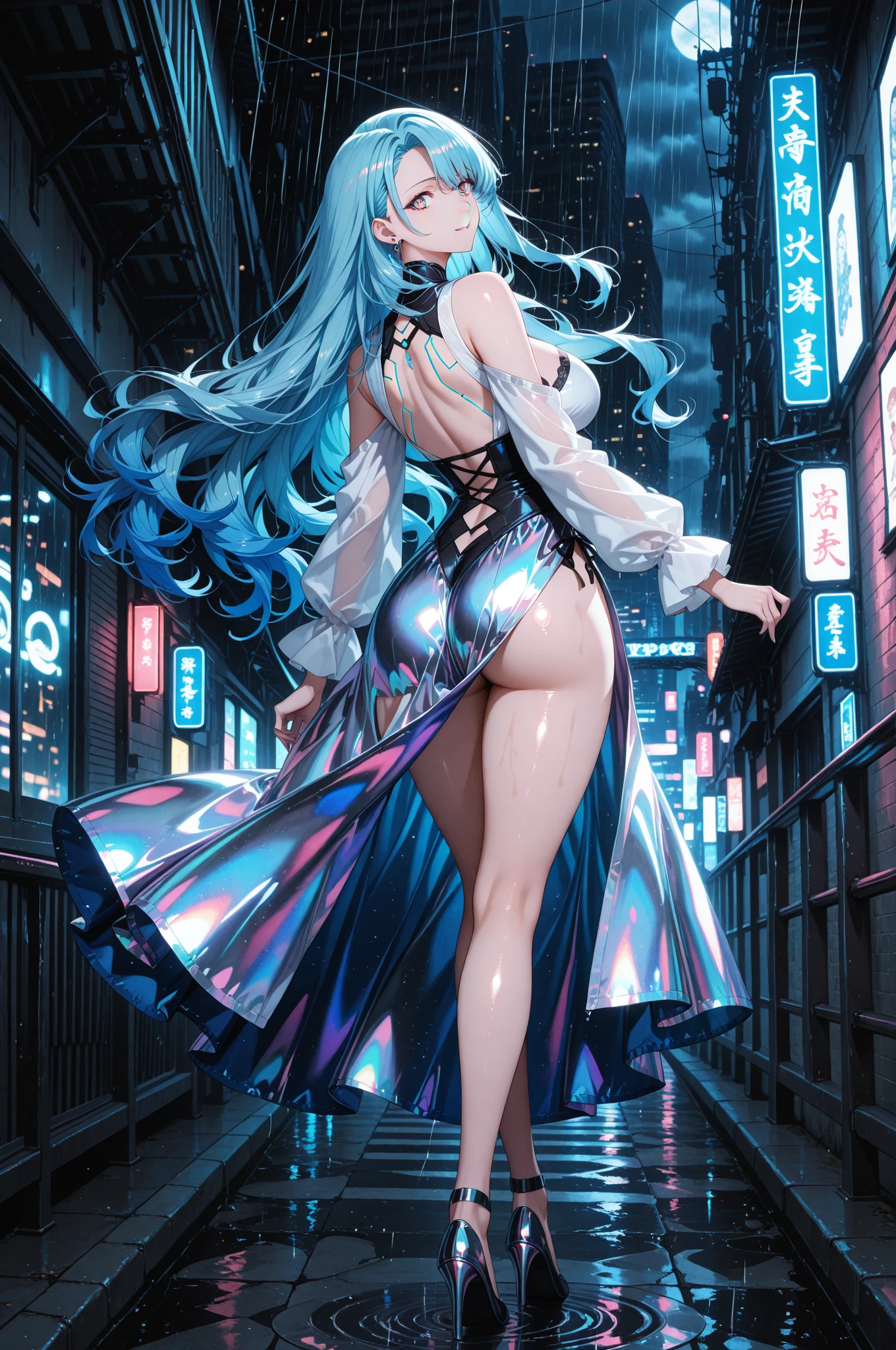 Morgana, a 72 meter magical empress, emerge from a glowing portal, her bright blue skin glowing with a mystical glow. Her long white hair falls in cascades over her shoulders.. Naked and ethereal, standing in a square of an ancient city, His posture is majestic and provocative, with one leg forward and one hand caressing his side. His eyes, full of mystery and desire, They look at the tiny citizens at their feet. With an enigmatic smile, falls on the city, crushing buildings and streets under its divine ass. Her sculpted body radiates an aura of mystical eroticism, enveloping everyone in a spell of submission and fascination.

