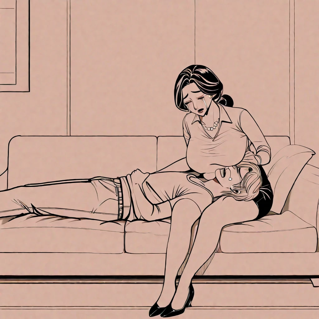 "Pop art style illustration of a woman in a red dress giving a massage to a man who is lying in bed wearing a white shirt. The woman has a concentrated and caring expression, gently touching the man's back and shoulders. The scene should convey relaxation and emotional connection, using a style that combines cartoon and caricature elements with vibrant and expressive colors. Ensure the background is simple, focusing on the bed and the couple, maintaining the representation of good taste and respect.