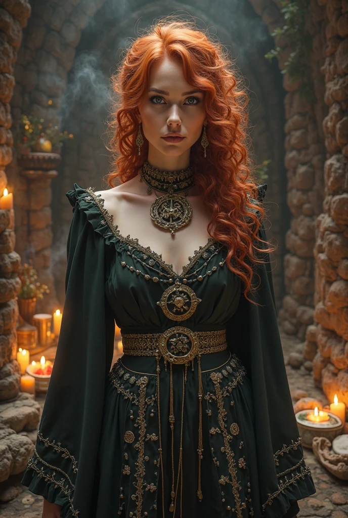 Brigid, the revered Irish goddess, stands tall and radiant in her divine glory. She is known as the goddess of smiths and forges, a symbol of creativity and craftsmanship. Her presence is captivating, commanding respect and awe. With flowing fiery red hair and piercing green eyes, she embodies the essence of Irish beauty. Dressed in a flowing gown of vibrant green, adorned with intricate Celtic patterns, she exudes elegance and grace. Brigid's hands, both delicate and powerful, hold the tools of her trade, a hammer and anvil, symbols of her mastery over the forge. The room she stands in is bathed in a warm glow, emanating from the flickering flames of the hearth. As she gazes into a