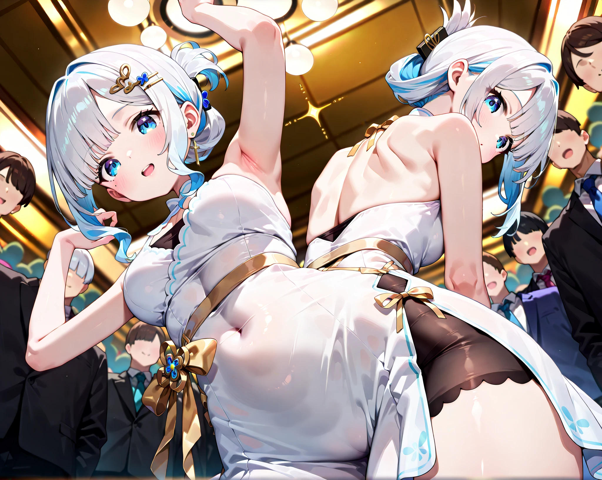 NSFW,masterpiece,Highest quality,High resolution,Very detailed,,Joan of Arc Horta Santa Lily\(Fate/grandorder\),(White Hair),Short Hair,Headpiece,Golden Eyes,Small breasts,(High-quality silk dress),Chest cut-in,Western-style building at night,Luxurious mansion,Party Venue,chandelier,blush,(Lustful face),(Prostitute),(Sex slave),Sexy pose,sexual harassment