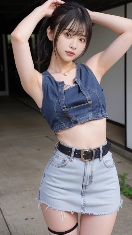 A woman in her 50s wearing a blue dress leaning against a wooden bench, denim short pants, double denim, wearing double denim, denim hot-pants, Blue clothes, Wearing a sexy crop top, Wearing crop topss, Mixed Art, wearing denim, Casual pose, Wearing crop tops, denim, One-piece style, Crop top and shorts, Trendy clothes, Looks realistic、low length、smile、Small breasts、