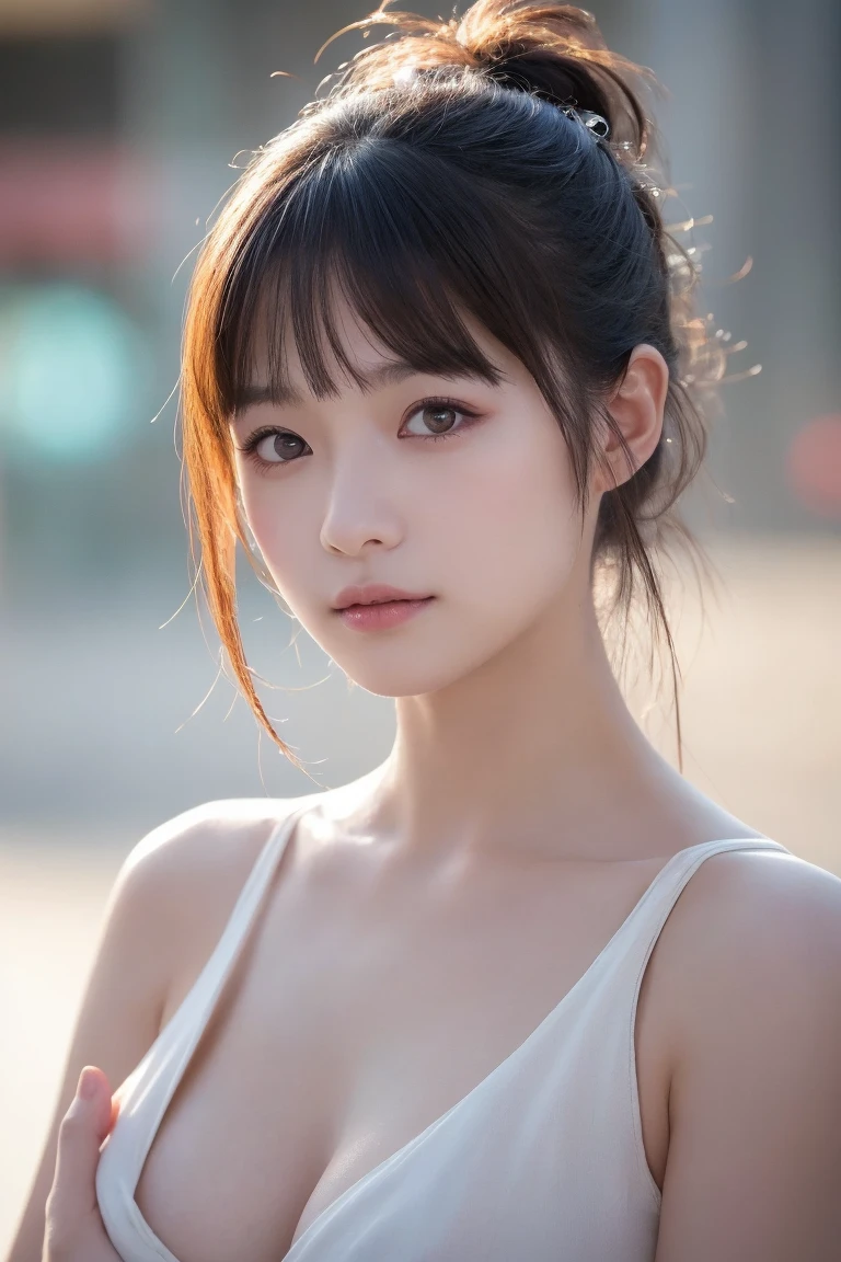 close up portrait of a cute woman wearing white wet shirt bathing in a river, reeds, (backlighting), realistic, masterpiece, highest quality, lens flare, shade, bloom,