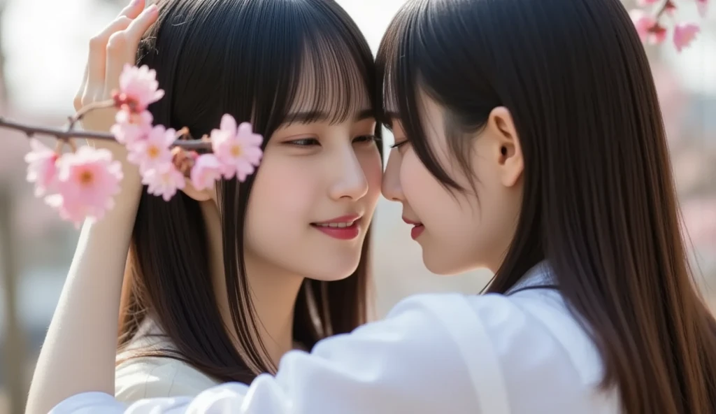 最high quality、high quality、Best image quality、8k、最High resolution、High resolution、最high quality、masterpiece、RAW Photos、whole body写真、Detailed and realistic human body、Detailed and realistic skin、Realistic face in every detail、Detailed and realistic eyes、Detailed and realistic lips、Detailed and realistic teeth、Detailed and realistic ears、Detailed and realistic hair、Realistic reproduction of every detail、((Beautiful Hands(thumb１、reference４))、Realistic feet down to the last detail、((Beautiful Japanese Girl))、(Japanese Model)、((18 year old beautiful girl２))、(Black Hair)、(Random Hairstyles)、((whole body))、((Slim and perfect figure))、(Beautiful and firm breasts)、(whole body光沢肌、Fair skin)、((twins、Sisters))、((A few girls))、Soft natural light、China dress、kimono、Ninja costume、Japanese tradition、Japanese garden、((Colorful see-through(Floral Ninja Costume))、((Relax in the garden(Girls hugging each other２))、(Girls looking at each other２)、(Kiss a girl２)