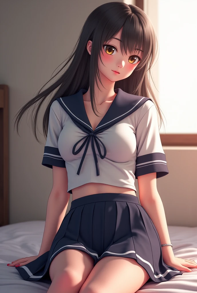 Anime girl in uniform talking on mobile phone, nagatoro, magical school student uniform, Hinata Hyuga, Smooth Anime CG Art, shikamimi, 4k highly detailed realistic, Photo of a beautiful 18-year-old Anglo-Saxon sweaty girl ((Sharp jawline)) and perky tits, Wearing wet clothes standing by the bedroom window、In a deep wet sports bra with a neckline