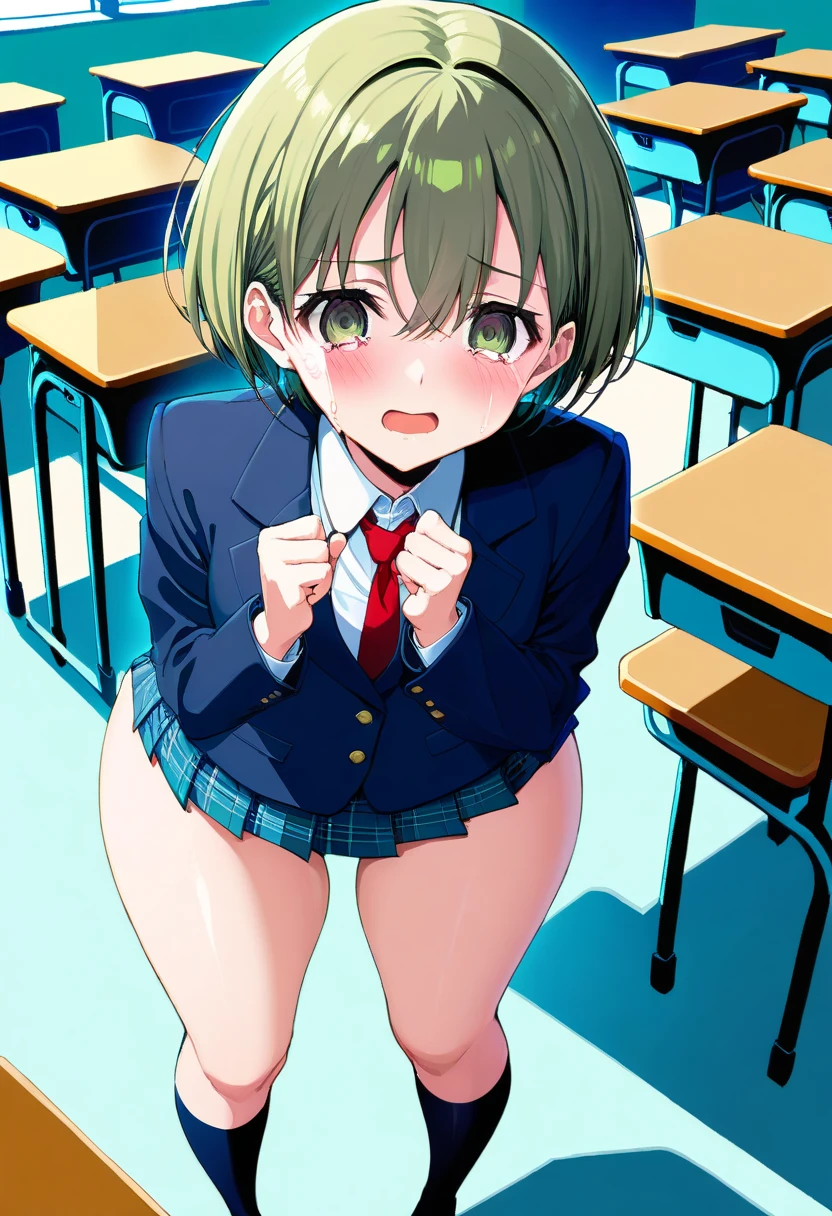 NSFW,masterpiece,high quality,((Perfect human body)),Realistic Anime,One Girl,gal,Gal girl,Short wavy blonde twin tails,Green Eyes,A worn-out blazer, uniform,Big Breasts,low length,small,classroom,Sit at the table,loose socks,Embarrassed expression,Wink,blush,Cute Makeup,A pair of men and women,pussy juice,penis,sex,penis in pussy,Wearing a condom,1boy,vanilla sex,High school boys
